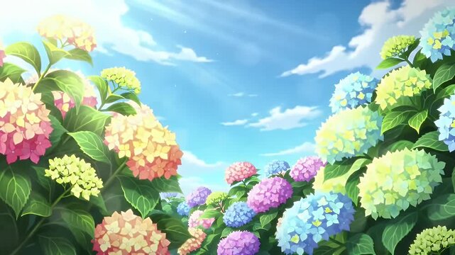 Vibrant Hydrangea Garden Scene Framed by Blossoming Bushes Under Sunny Sky