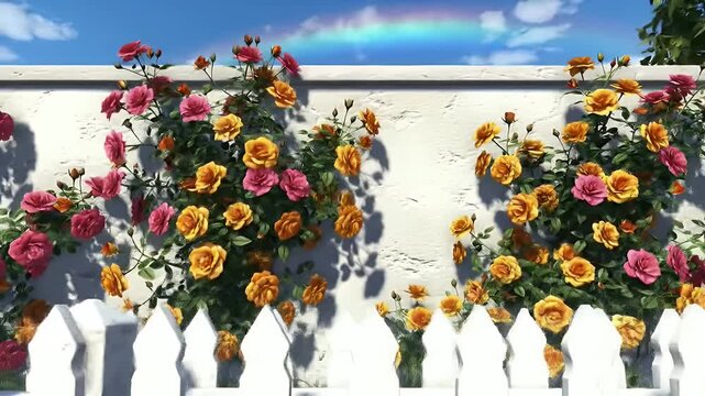 Vibrant Hanging Flower Baskets Adorning a White Wall Under a Bright Blue Sky