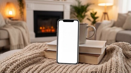 Cozy living room scene with a smartphone on books and a mug beside a warm fireplace