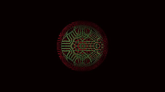 Abstract rotating 3D sphere with glowing green patterns over a dark background.