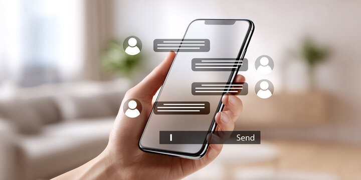Hand holding smartphone with chat messages and digital communication icons. - Powered by Adobe