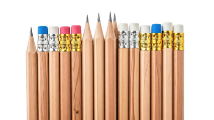 Obraz premium Collection of wooden pencils with erasers isolated on transparent background