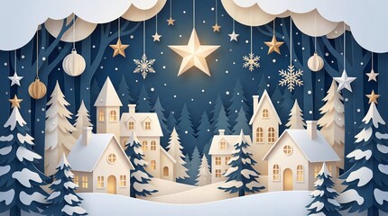 Enchanting winter village scene with illuminated houses surrounded by snow-covered trees and twinkling star decorations