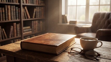 Cozy reading nook with an open book, steaming cup of coffee, and glasses on a wooden table bathed in warm sunlight