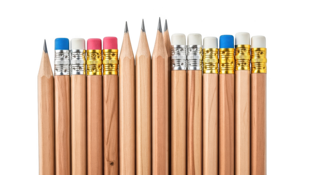 Collection of wooden pencils with erasers isolated on transparent background