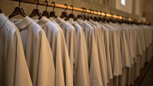 Elegant White Clothing Display Garments on Hangers Showcase Serene Atmosphere for Coptic Christmas Celebration and Spirit of Unity in Fashion