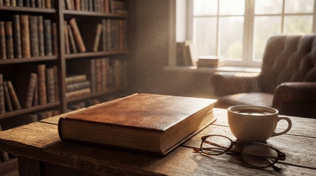 Cozy reading nook with an open book, steaming cup of coffee, and glasses on a wooden table bathed in warm sunlight