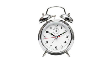 Vintage silver twin bell alarm clock isolated on transparent background