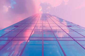 Naklejka premium Glass skyscraper facade reflecting a vibrant pink and purple sunset sky, creating a colorful and modern architectural scene