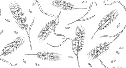 A beautiful seamless pattern of hand-drawn wheat ears and grains in a detailed black and white vintage engraving style.