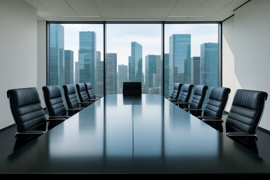 Modern corporate conference room with executive leather chairs and panoramic city view, showcasing sleek office interior design concept in daylight. Ai generative - Powered by Adobe