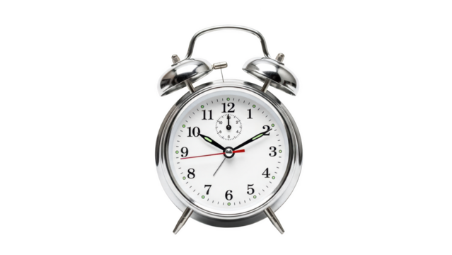 Vintage silver twin bell alarm clock isolated on transparent background