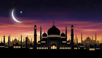 Silhouette of a mosque at night with crescent moon and stars