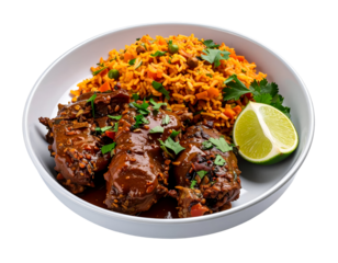 A delicious plate of flavorful braised meat served with seasoned rice and garnished with lime and fresh herbs