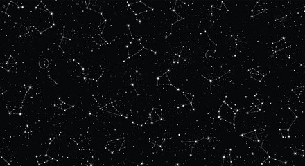 A detailed and seamless pattern of astronomical constellations and stars on a black background showing the night sky.