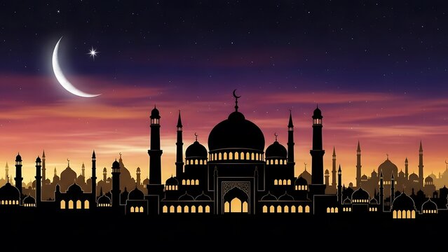 Silhouette of a mosque at night with crescent moon and stars