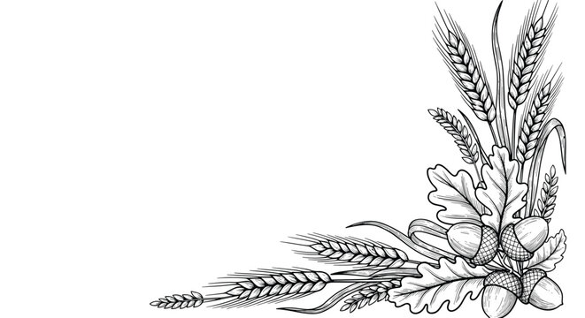 A beautiful black and white vintage engraving of a decorative corner with wheat ears acorns and oak leaves for harvest.