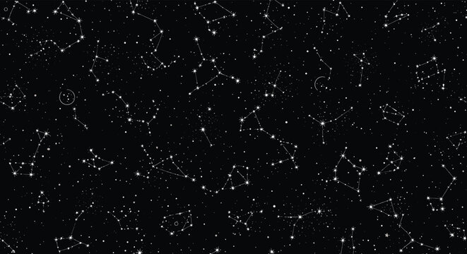 A detailed and seamless pattern of astronomical constellations and stars on a black background showing the night sky.
