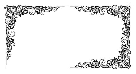 Fototapeta premium An elegant rectangular vintage frame with intricate black and white filigree corners and a large blank center space.