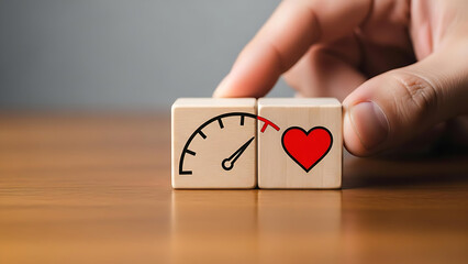 Boost your wellbeing score now: Wooden blocks showing a heart health meter for a positive lifestyle, track your progress to a happy, healthy heart today