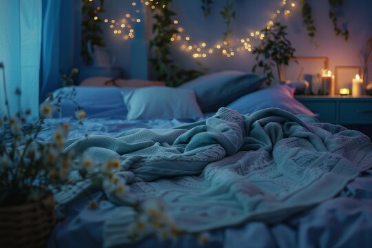 Soft knitted blanket lies on an unmade bed in a cozy, dimly lit bedroom decorated with fairy lights, plants, and flowers, creating a peaceful and inviting atmosphere