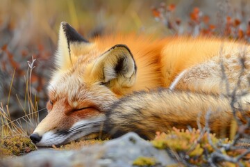 Fototapeta premium Red fox curled up, sleeping peacefully in its natural environment