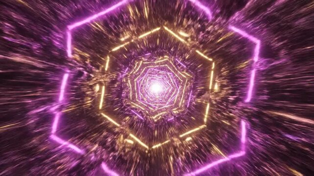 High-speed passage through an endless geometric tunnel constructed of shifting neon magenta and gold light lines creating an infinite loop transition dimension, transition, pattern