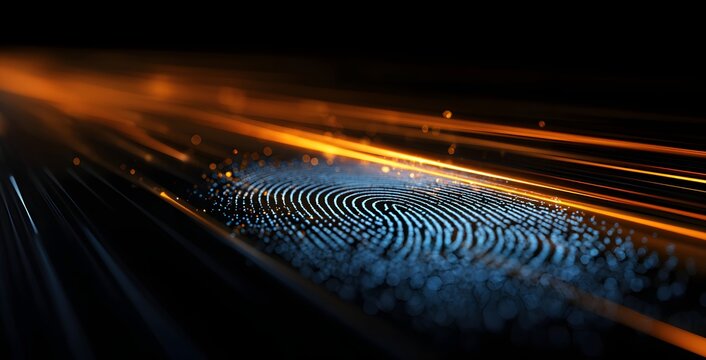 Futuristic digital fingerprint scan with streaks of light representing data flow and advanced security systems - Powered by Adobe