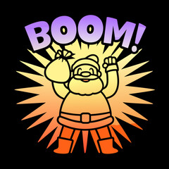 Santa Claus with gift bag and BOM text on black background Keywords: Santa Claus, Christmas