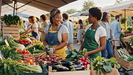 Diverse vendors happily selling fresh produce at an outdoor farmers market.