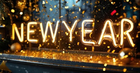 Bright neon sign displays NEWYEAR. Glittering confetti adds festive touch. Dark background emphasizes glowing letters, celebration.
