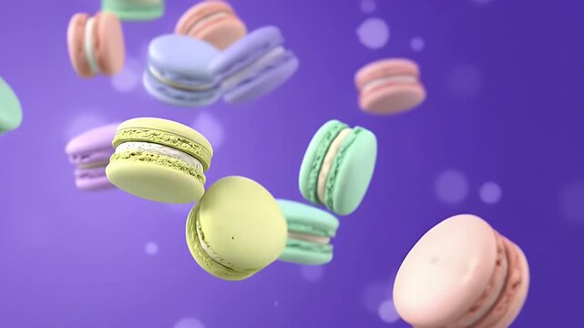 Vibrant pastel macarons drifting gracefully in a purple dreamlike bokeh backdrop