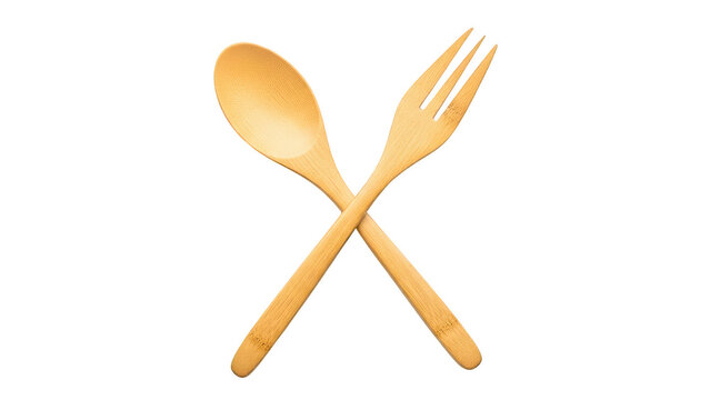 Wooden spoon and fork crossed isolated on transparent background