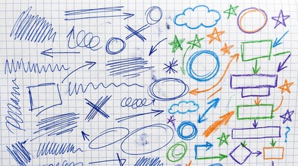 Colorful doodles and symbols on graph paper representing creative brainstorming
