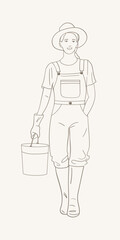 Line art of a female gardener in overalls, hat, gloves and boots holding a bucket. Clean minimal outline style on a light background.