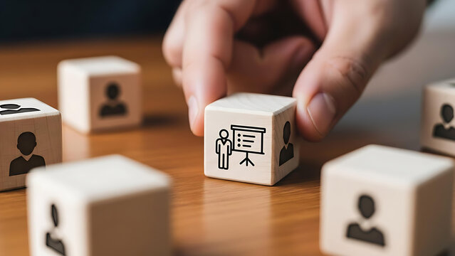 Interactive training session using innovative wooden blocks for team building and skills development, fostering collaboration and effective leadership, perfect for corporate use