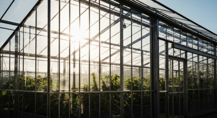 Sunny interior view of a glass greenhouse, plants glowing with light