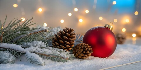Christmas soft red decoration ball and spruce tree close up, bokeh blur lights background. Merry Christmas and Happy Holidays greeting card, frame, banner. Noel. Winter festive.