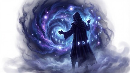 Mystical figure standing amidst swirling cosmic energies and ancient runes in a surreal ethereal landscape