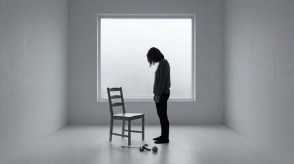 Silhouette of a person standing in front of a bright window with a chair and wilted flower on the floor