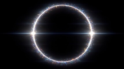 Abstract glowing circle with lens flare on black background.