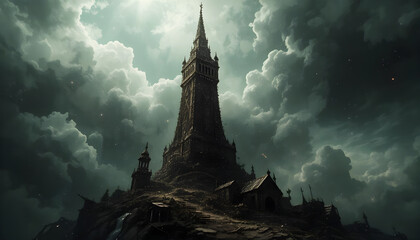 Dark Fantasy Tower Rising Amid Storm Clouds in an Epic Atmospheric Landscape