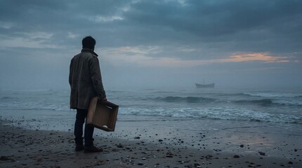 A solitary figure stands on a misty beach at dusk holding a wooden box while gazing at a distant boat on the turbulent sea