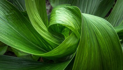 Swirling bright green leaves create a natural, mesmerizing spiral. Close-up, with vibrant textures