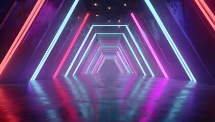 Illuminated futuristic corridor with geometric neon light structures and reflective floor creating an immersive visual experience