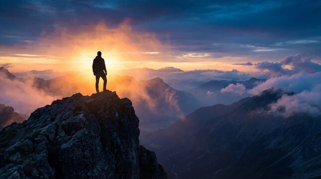 Silhouette of a person standing on a rocky mountain peak at sunrise with clouds and distant mountains below