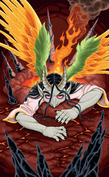 A fallen angel surrounded by fire. Vector cartoon horror illustration.
