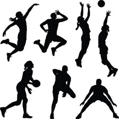 Volleyball and Basketball Action Silhouettes: Dynamic Set of Isolated Athletes Jumping, Serving, Blocking, and Spiking for Sports Banner, Poster, or Digital Design Project