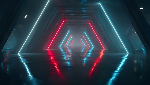 Futuristic geometric tunnel illuminated by vibrant red and blue neon light lines creating a captivating visual spectacle with reflections on a wet surface - Powered by Adobe