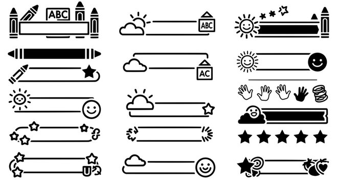 Vector collection of school borders and text banners featuring sun clouds handprints and ABC blocks for kindergarten education design layouts